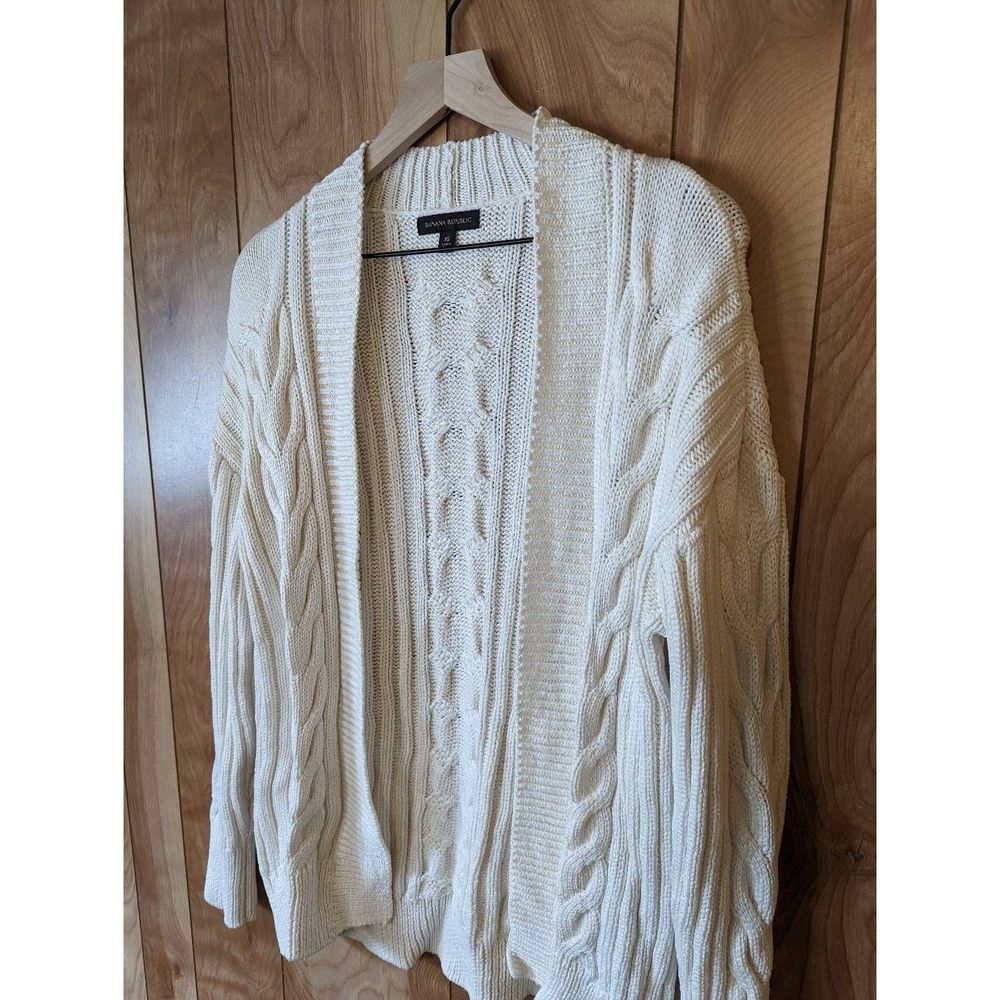 Banana Republic Chunky Knit Cardigan Open Front Neutral 100% Cotton White XS - Picture 3 of 8